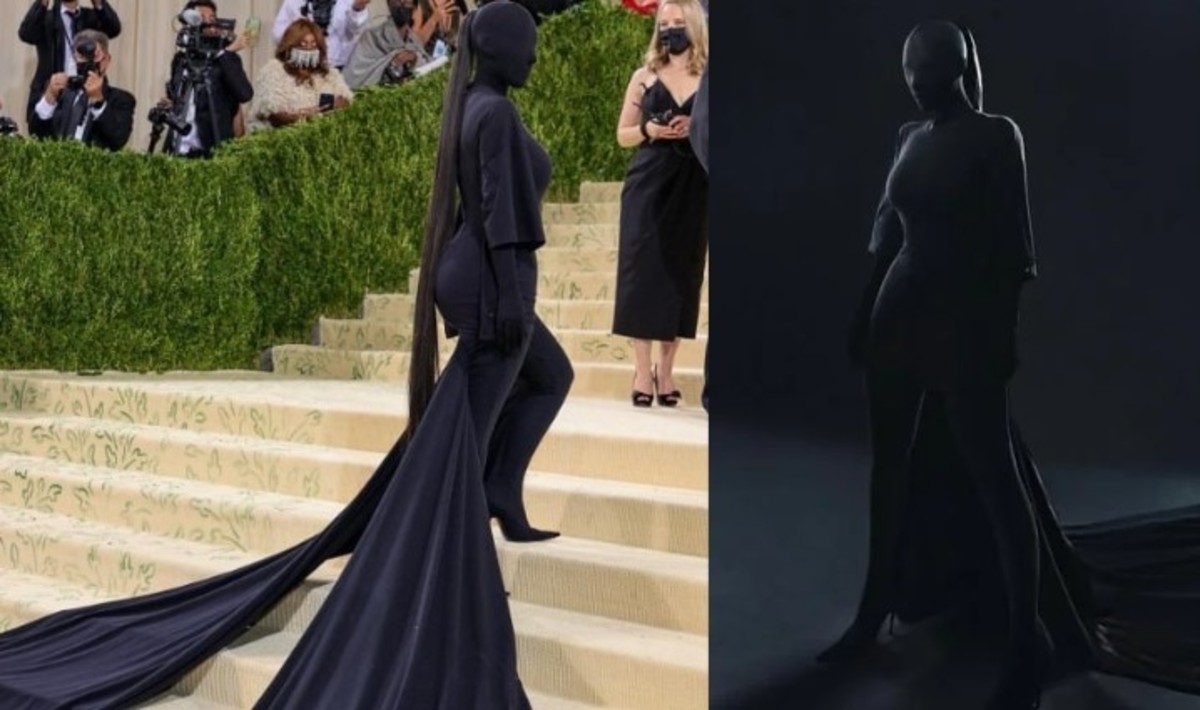 Kim con un look negro que cubría completamente su rostro y cuerpo en la Gala de 2021. Fotos: Instagram vía @justjared y @kimkardashian