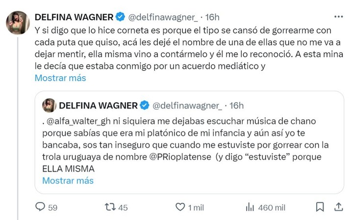 Delfina Wagner, la expareja de Walter "Alfa" Santiago, reconoció haberle sido infiel y explicó sus motivos.