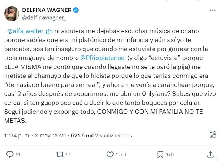 Delfina Wagner, la expareja de Walter "Alfa" Santiago, lo acusó de hostigarla en redes sociales.