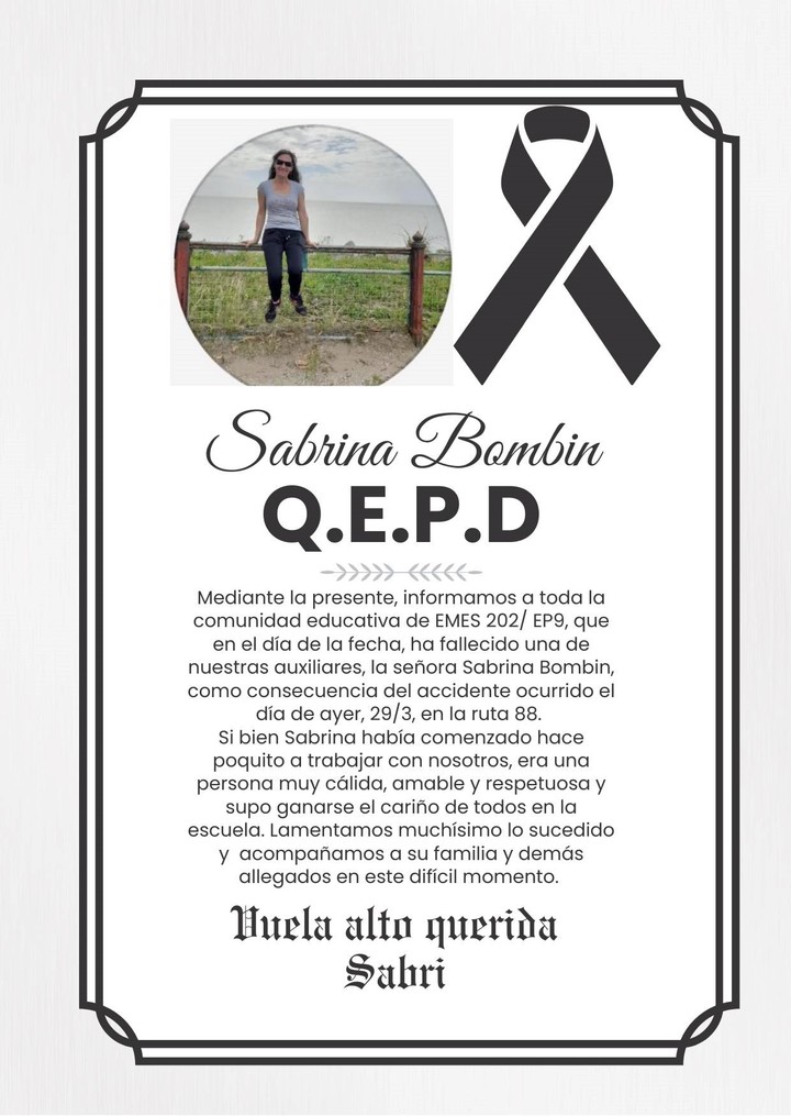 Sabrina Bombín murió en un choque en la ruta 88.
