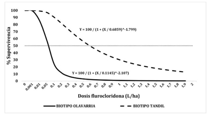 La curva del biotipo Olavarría indica que, ante la misma dosis de flurocloridona es más sensible que el bitipo Tandil. 