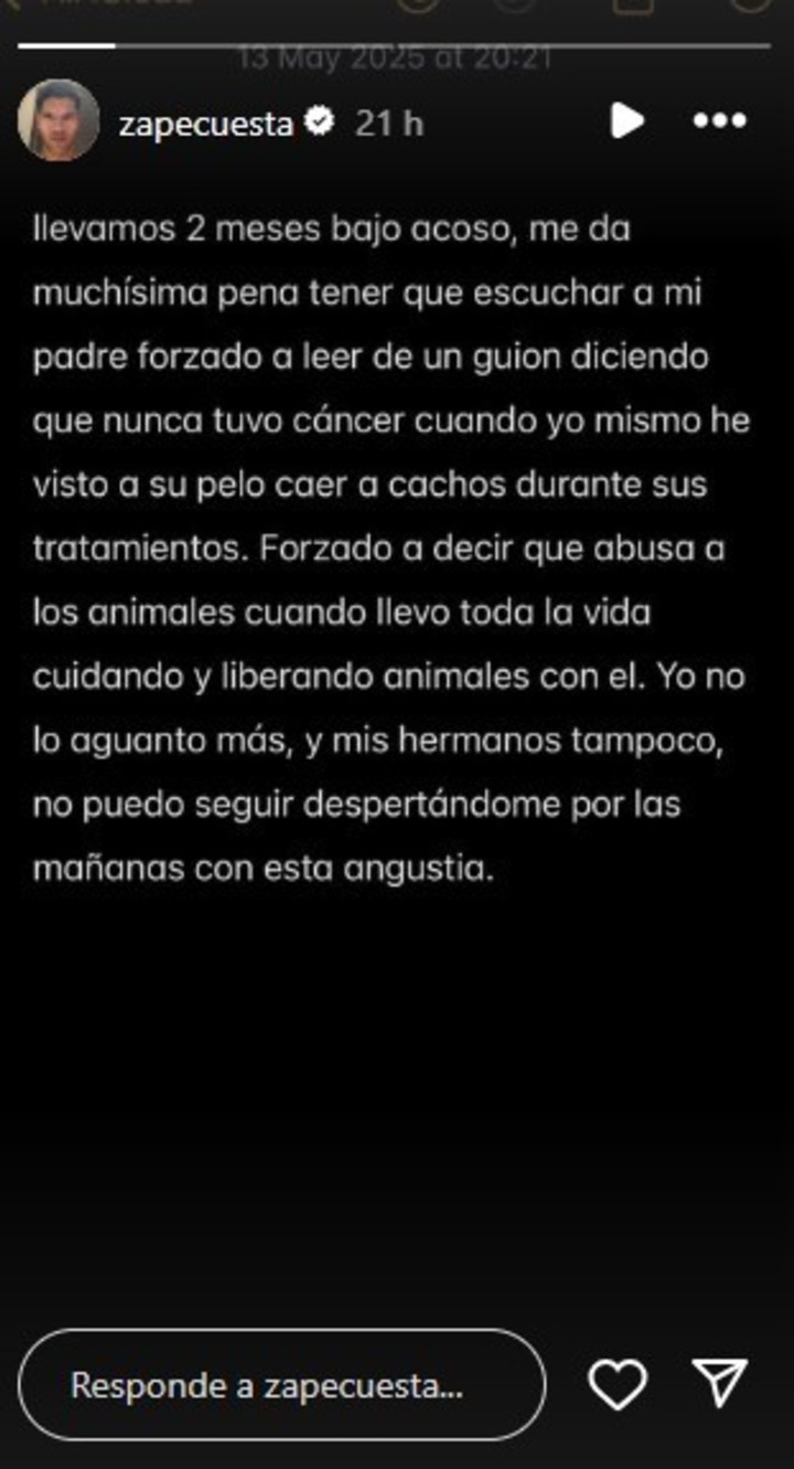 El comunicado de Zape Cuesta, el hijo del youtuber Frank Cuesta. (Foto: Instagram @zapecuesta)