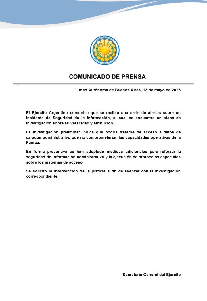 El comunicado del Ejército por el presunto hackeo. Fuente: Ejército Argentino