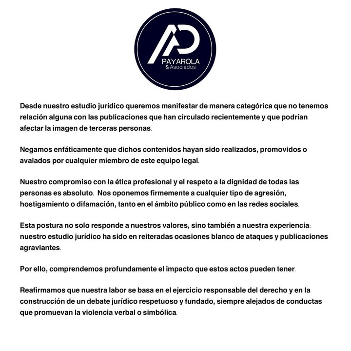 El comunicado del estudio de abogados de Nicolás Payarola. Foto: Instagram