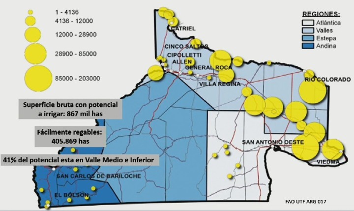 "Potencial: el crecimiento de las 200.000 ha bajo riego que hoy tenemos y cada círculo amarillo en el mapa es un área desarrollable bajo riego, la cual suma 800.000 ha más, llegando en Río Negro a 1 millón de ha", Bassi.