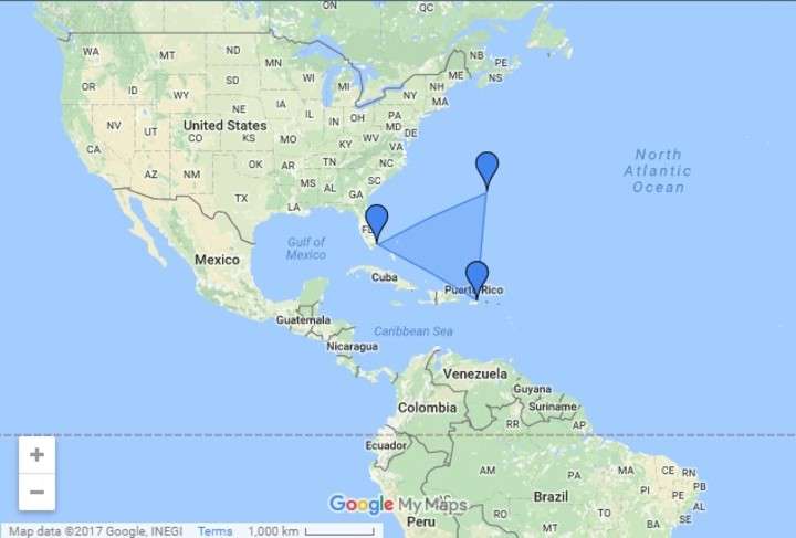El Triángulo de las Bermudas es un triángulo imaginario formado por los extremos de las islas Bermudas, Puerto Rico y Miami.