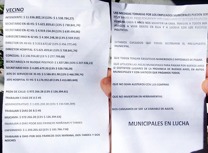El mensaje de los asambleístas del Sindicato de Trabajadores Municipales de Saavedra-Pigüé criticaron la medida del intendente Nebot. Foto Cambio2000. 