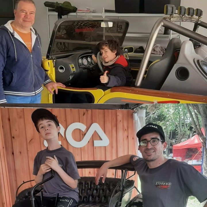 Stefano Marconi junto a Carlos Hepp (arriba) y Matías Damico (abajo). Todos son parte del equipo que desarrolla el auto superdeportivo. Foto: Adrián Marconi