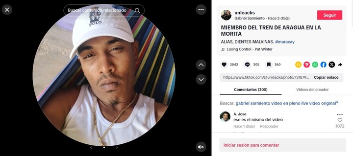 El posteo de Gabriel Sarmiento donde menciona a uno de los presuntos asesinos.  (Captura de TikTok @unleacks)