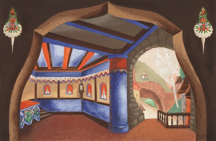 Guttero Alfredo (1882 – 1932) El Elixir D’Amore (Escenografía Actos 1º y 2º) Referencia_ Arte Lírico en el Teatro Colón.  Témpera sobre papel  42 x 64 cm en la muestra Icónicos, la exposición que abrió sus puertas en la galería Maman Fine Art, con curaduría de Patricia Pacino. Foto: gentileza.