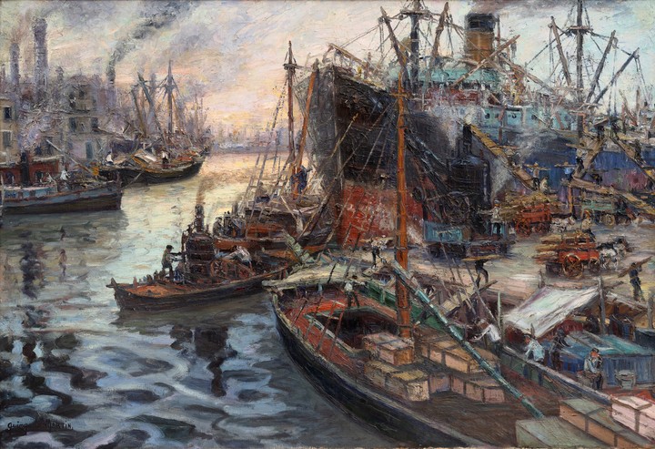 Benito Quinquela Martín (1890-1977) Escena de trabajo - 1923  Óleo sobre tela - 119  x 173 cm Excolección Duque Almenara Alta, Madrid en la muestra Icónicos, la exposición que abrió sus puertas en la galería Maman Fine Art, con curaduría de Patricia Pacino. Foto: gentileza.