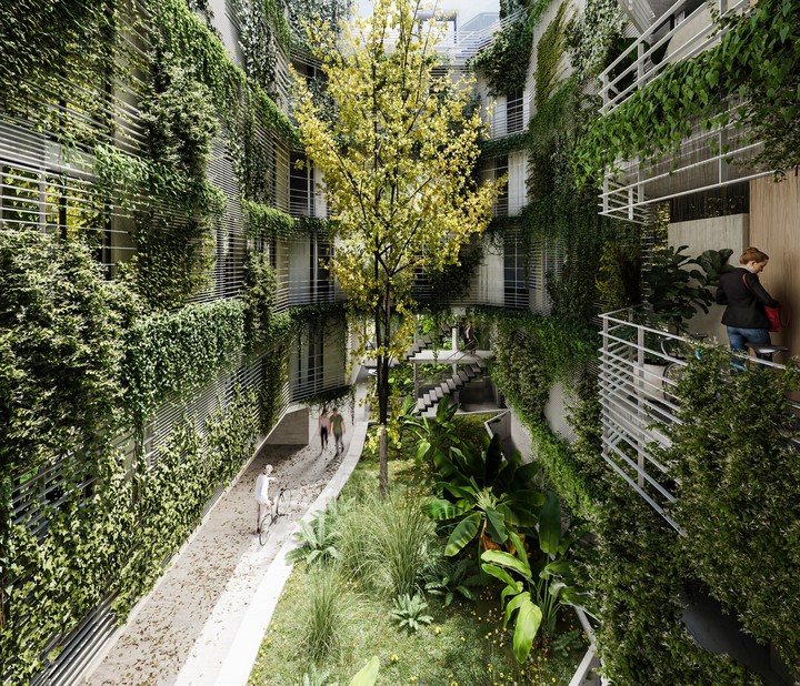Jardines con una atractiva forestación en Aura Nuñez, uno de los proyectos de  GCH, que marcan el crecimiento de Nuñez. 