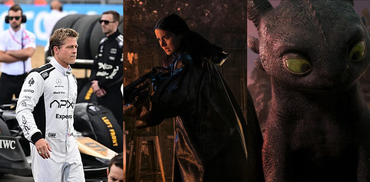 Brad Pitt en "Fórmula 1", Ana de Armas en "Bailarina" y Chimuelo en "Cómo entrenar a tu dragón". Fotos Clarín