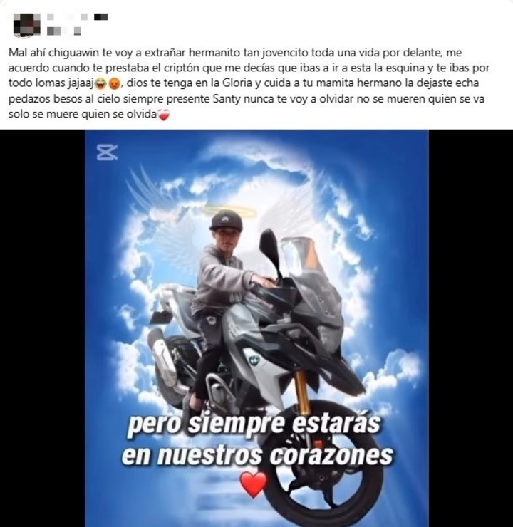 La despedida en las redes sociales para Santiago Tomás Beltrán (15), el motochorro que murió baleado por una mujer policía en Moreno.