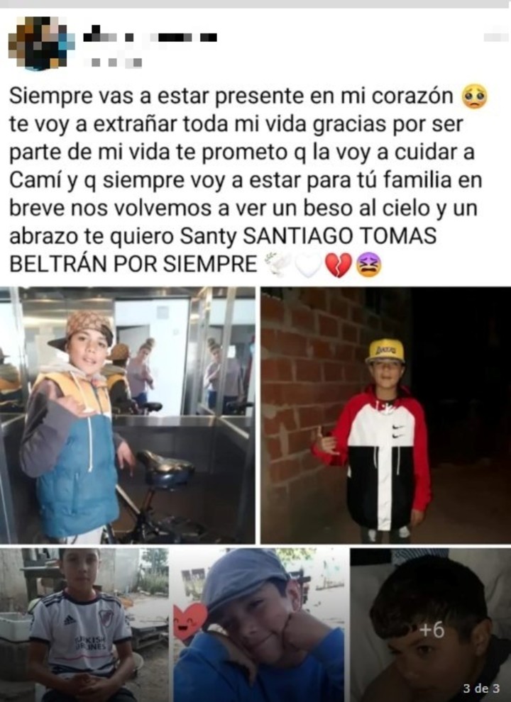 La despedida en las redes sociales para Santiago Tomás Beltrán (15), el motochorro que murió baleado por una mujer policía en Moreno.