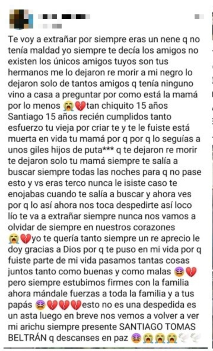 La despedida en las redes sociales para Santiago Tomás Beltrán (15), el motochorro que murió baleado por una mujer policía en Moreno.