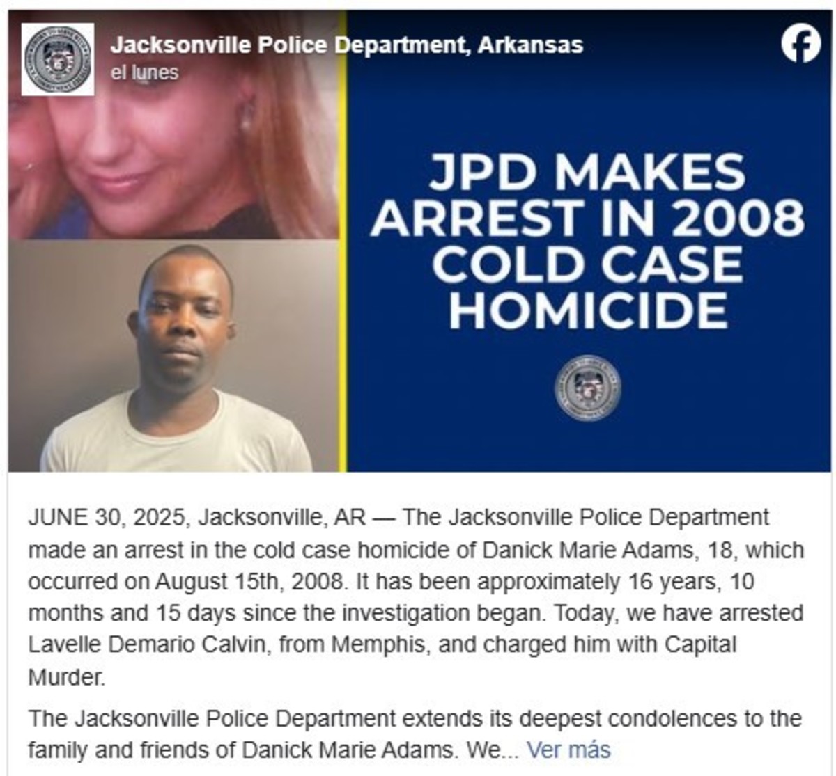 El anuncio de la policía sobre el arresto del homicida de Danick Marie Adams.