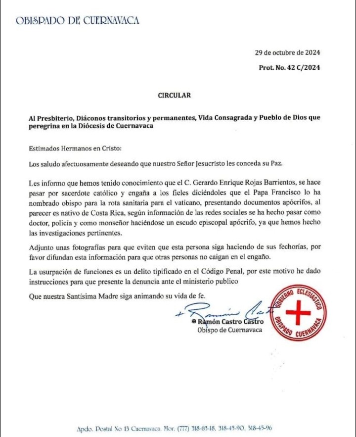 La denuncia del Obispado de Cuernavaca de octubre de 2024, alegando que Rojas Barrientos es un "falso sacerdote".
