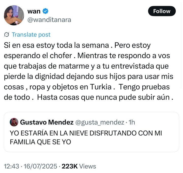 Wanda Nara se cansó y fulminó a La China Suárez. Foto: Captura X