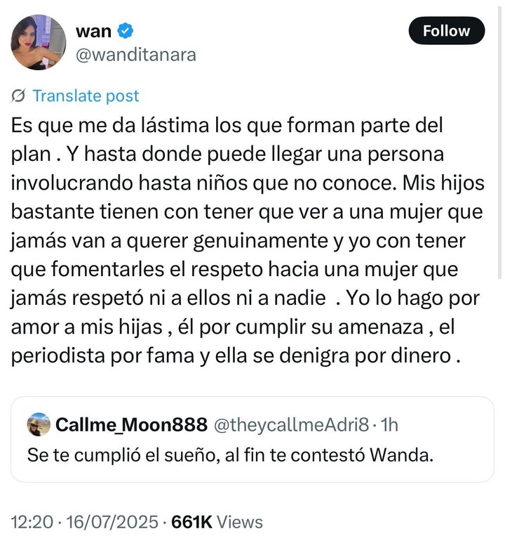 Wanda Nara arremetió contra Gustavo Méndez. Foto: Captura X