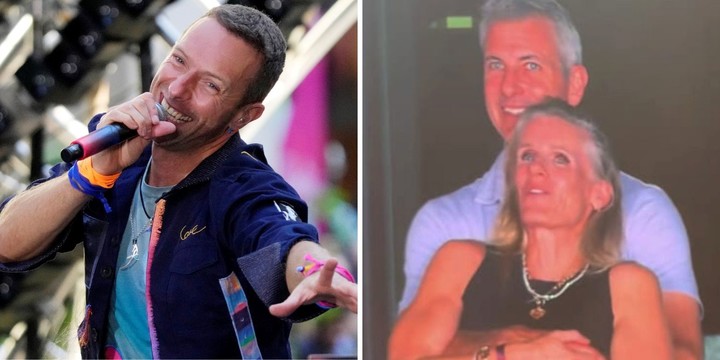 Chris Martin y la pareja Byron - Cabot, los protagonistas de una inédita situación con la "kiss cam".