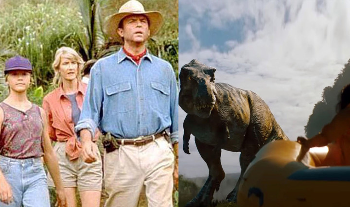Los humanos de la primera "Jurassic Park", de Spielberg, y el dino de "Jurassic World: Renace".