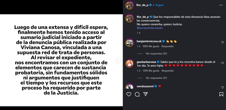 El duro descargo de Florencia Peña tras conocerse la denuncia de Viviana Canosa que la nombra. | Foto: Instagram
