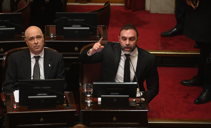 Ezequiel Atauche y Bartolomé Abdala, dos senadores de La Libertad Avanza. Foto: Federico López Claro.