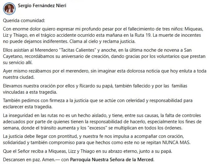 El posteo del sacerdote Sergio Fernández Nieri tras la muerte de tres nenes y su papá en un choque en la ruta nacional 19, en Córdoba.