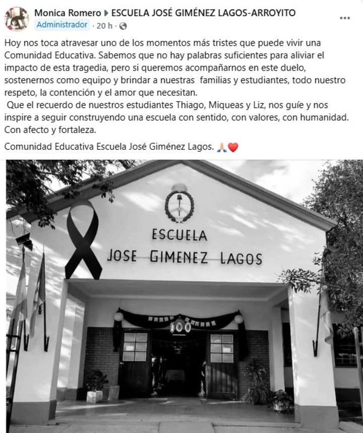 El posteo de la escuela a la que asistían los tres chicos que murieron en un choque en la ruta nacional 19, en Córdoba.