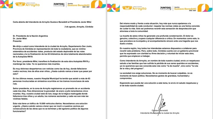 La carta del intendente de Arroyito, Gustavo Benedetti, al presidente Javier Milei, por las obras inconclusas en la ruta nacional 19.