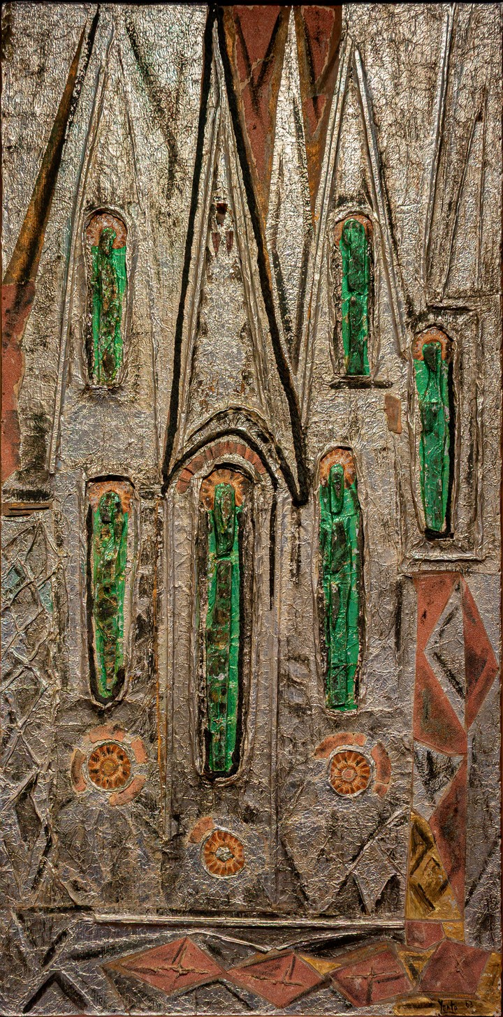 Yente, Catedral, óleo, papel e hilos sobre hardboard, 122,5 x 61,5 cm, 1963.